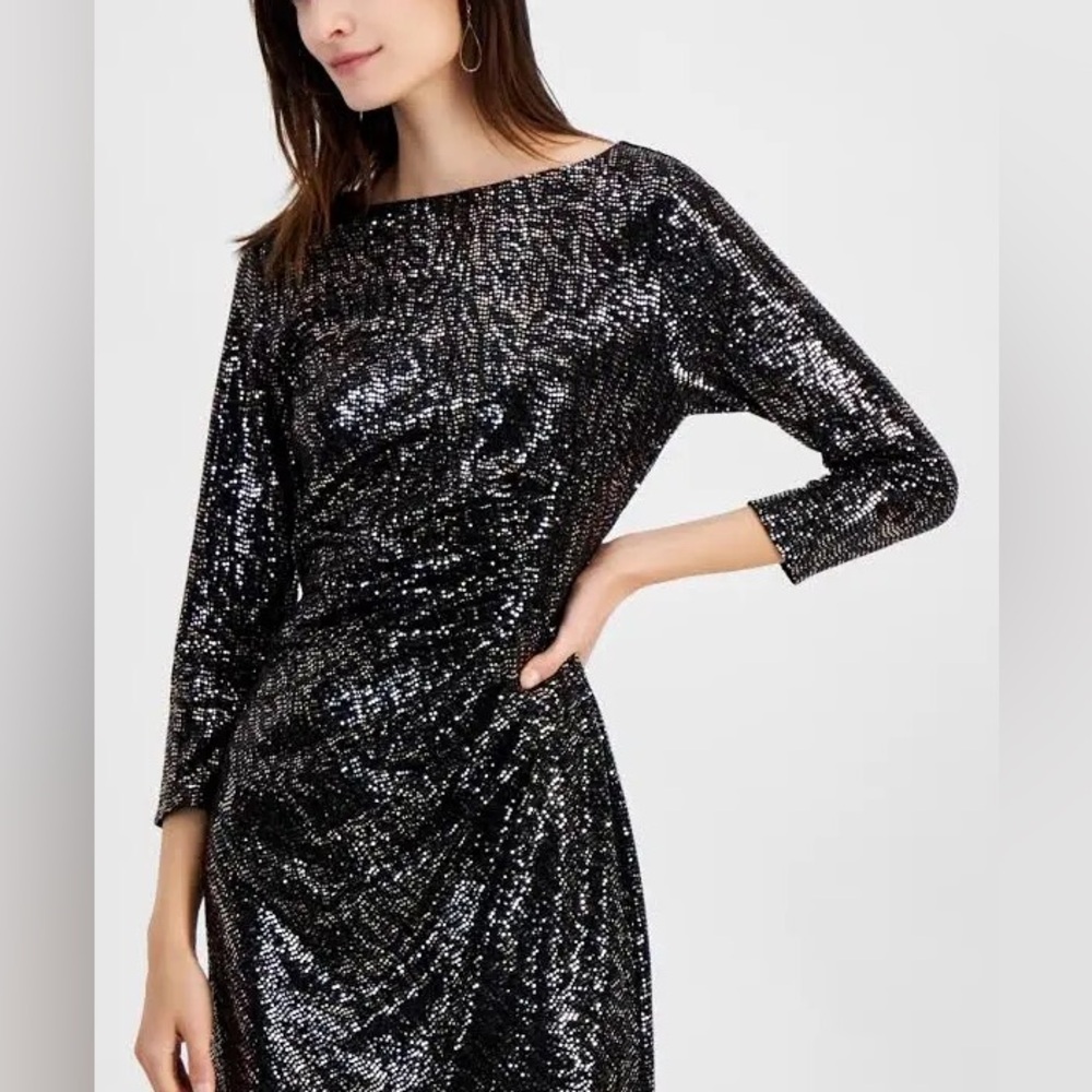 NWT • Kasper • Petite Boat Neck 3/4-Sleeve • Shimmer Dot • Size 8P • Black/Gold